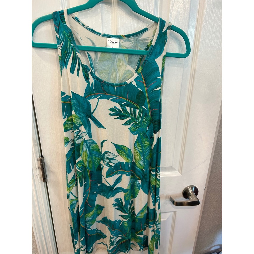 Soma Tank Dress Green Tropical Palm Leaf Racerback Sleeveless Chemise Loungewear
